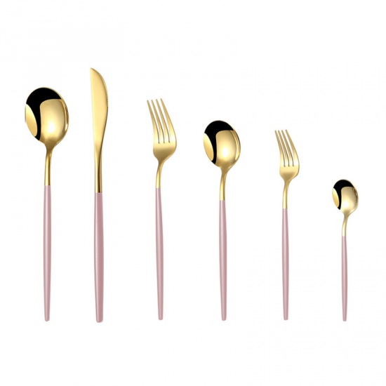 Picture of Pink - 410 Stainless Steel Knife Fork Spoon Flatware Cutlery Tableware 13.3cm - 22.5cm long, 1 Set（6 PCs/Set）