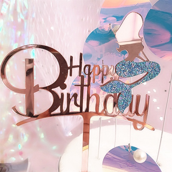 Изображение Blue - Acrylic Glitter Mermaid Happy Birthday Cake Picks Decorations Birthday Party 12x16cm, 1 Piece
