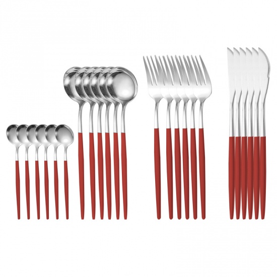 Imagen de Red - Stainless Steel Knife Fork Spoon Flatware Cutlery Tableware 13cm - 22.5cm long, 1 Set（24 PCs/Set）