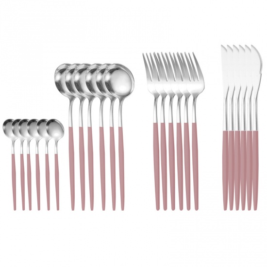Immagine di Pink - Stainless Steel Knife Fork Spoon Flatware Cutlery Tableware 13cm - 22.5cm long, 1 Set（24 PCs/Set）