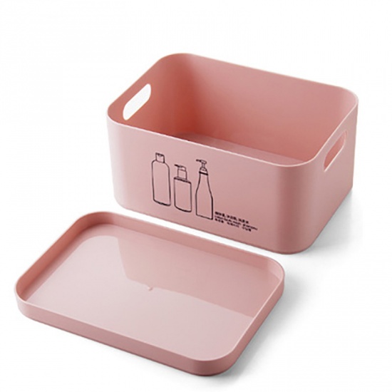 Picture of Pink - PP Storage Box Containers With Lid Handle For Cosmetic Sundries 22x15.7x10.6cm, 1 Piece