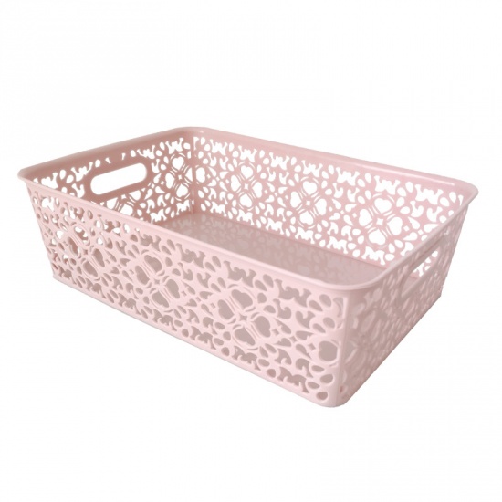 Picture of Pink - Hollow Floral Pattern Large PP Storage Box Containers With Handle For Cosmetic Sundries 32x23x10cm, 1 Piece
