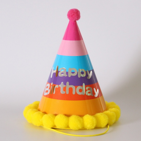 Image de Jaune - Pom Pom Ball Chapeau De Papier Chapeau Accessoires D'anniversaire Décorations De Fête 19x12.5cm, 1 Pièce