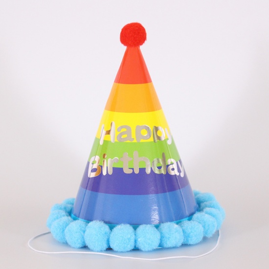 Image de Bleu - Pom Pom Ball Chapeau De Papier Chapeau Accessoires D'anniversaire Décorations De Fête 19x12.5cm, 1 Pièce