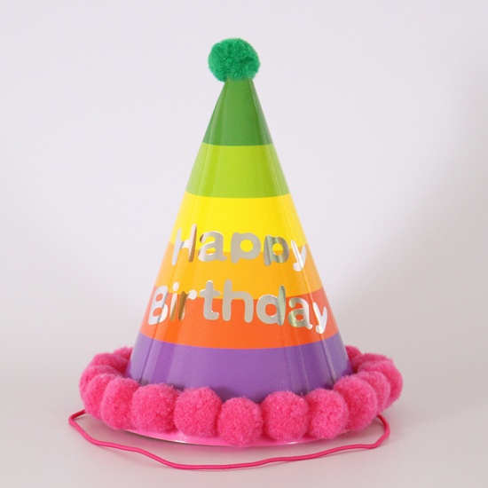 Изображение Fuchsia - Pom Pom Ball Paper Cap Hat Birthday Props Party Decorations 19x12.5cm, 1 Piece