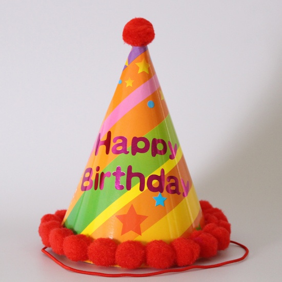 Изображение Red - Pom Pom Ball Paper Cap Hat Birthday Props Party Decorations 19x12.5cm, 1 Piece
