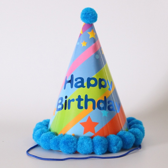 Immagine di Blue - Pom Pom Ball Paper Cap Hat Birthday Props Party Decorations 19x12.5cm, 1 Piece