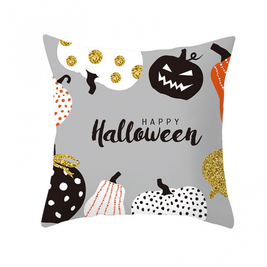 Picture of French Gray - 5# Halloween Printed Peach Skin Fabric Square Pillowcase Home Textile 45x45cm, 1 Piece