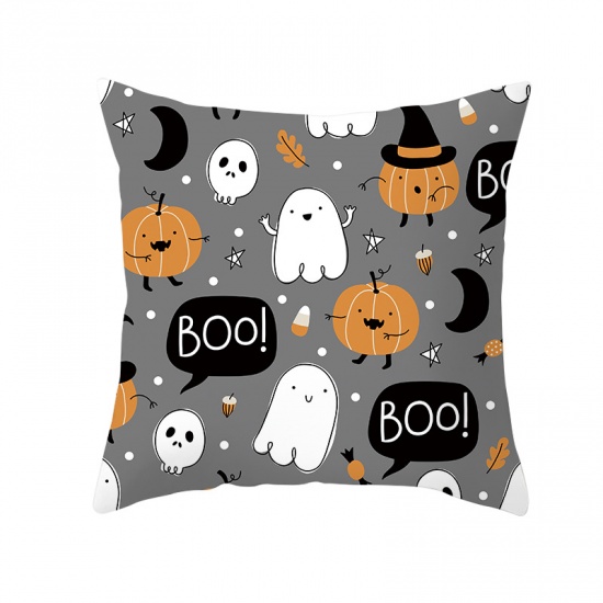 Picture of Gray - 8# Halloween Printed Peach Skin Fabric Square Pillowcase Home Textile 45x45cm, 1 Piece