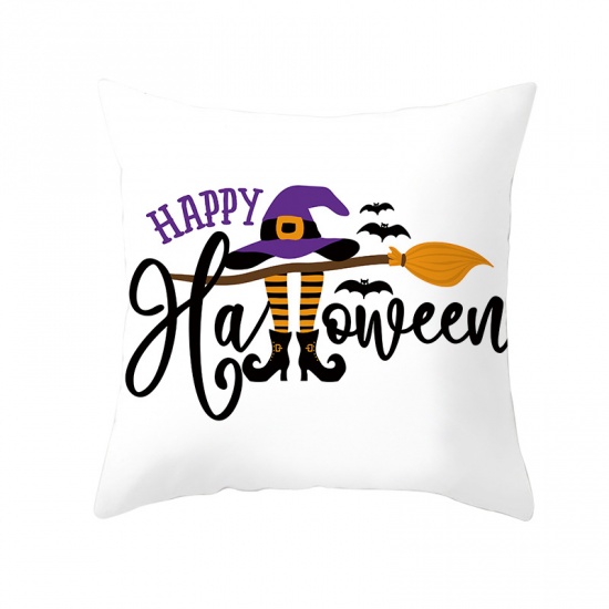 Picture of White - 18# Halloween Printed Peach Skin Fabric Square Pillowcase Home Textile 45x45cm, 1 Piece