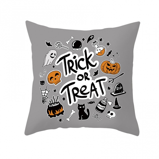 Picture of Gray - 23# Halloween Printed Peach Skin Fabric Square Pillowcase Home Textile 45x45cm, 1 Piece