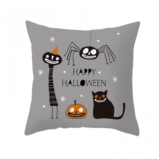 Picture of Gray - 24# Halloween Printed Peach Skin Fabric Square Pillowcase Home Textile 45x45cm, 1 Piece