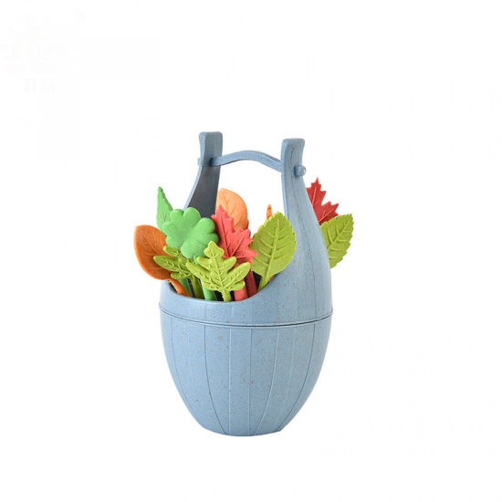 Immagine di Blue - PP & Wheat Straw Bucket Leaves Stick Fruit Fork 12x7cm, 1 Set