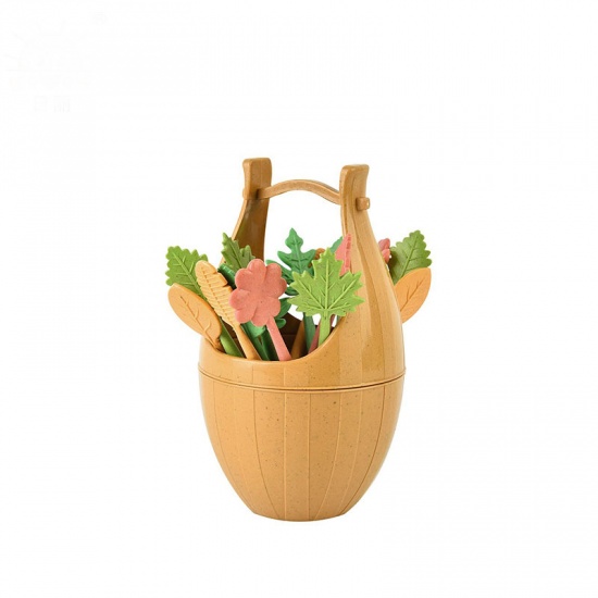 Immagine di Brown - PP & Wheat Straw Bucket Leaves Stick Fruit Fork 12x7cm, 1 Set