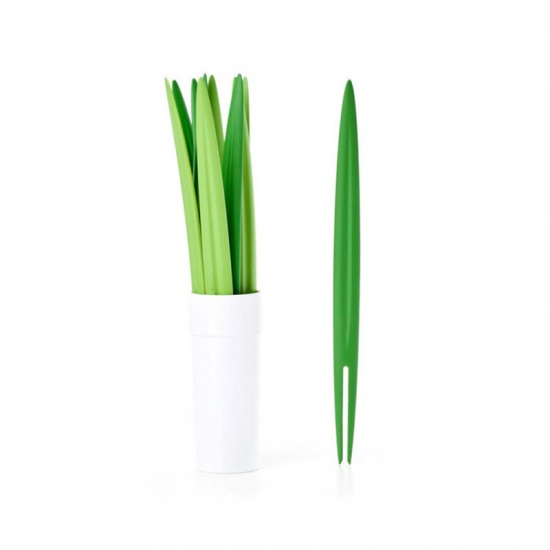 Picture of Green - Plastic Bamboo Leaves Stick Fruit Fork 10.5x1x0.2cm, 1 Set（10 PCs/Set）