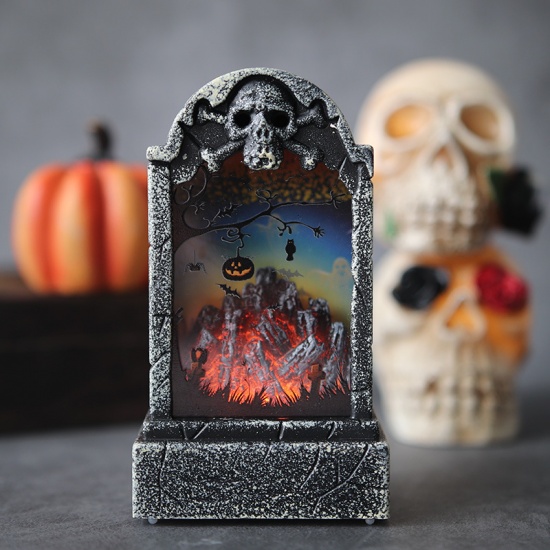 Picture of Gray - 8# LED Light Plastic Tombstone Halloween Ornaments Decorations Party Props 11.5x6.5x3.5cm, 1 Piece