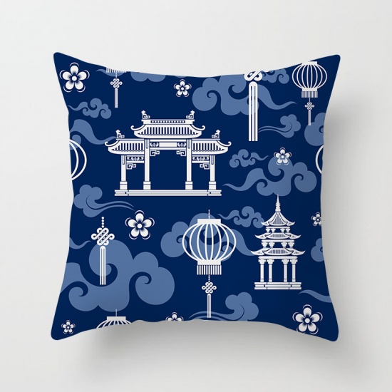 Picture of Navy Blue - 31# Printed Peach Skin Fabric Square Pillowcase Home Textile 44x44cm, 1 Piece
