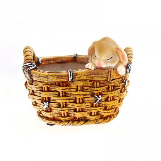 Picture of Brown - 5# Resin Cartoon Animal Basket Micro Landscape Small Flower Pot For Succulent 10.5x8x7.5cm, 1 Piece