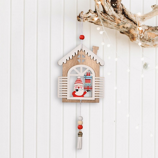 Image de Marron clair - 1 # Décoration d'ornement à suspendre en bois Maison du Père Noël 12x10cm, 1 pièce