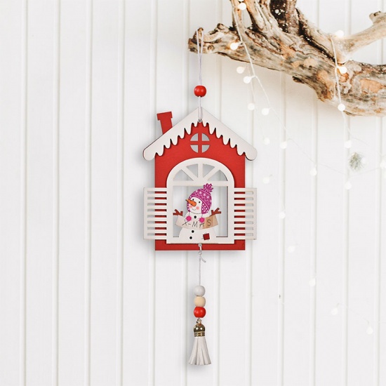 Image de Rouge - 2 # Décoration d'ornement à suspendre en bois de gland Maison de bonhomme de neige de Noël 12x10cm, 1 pièce