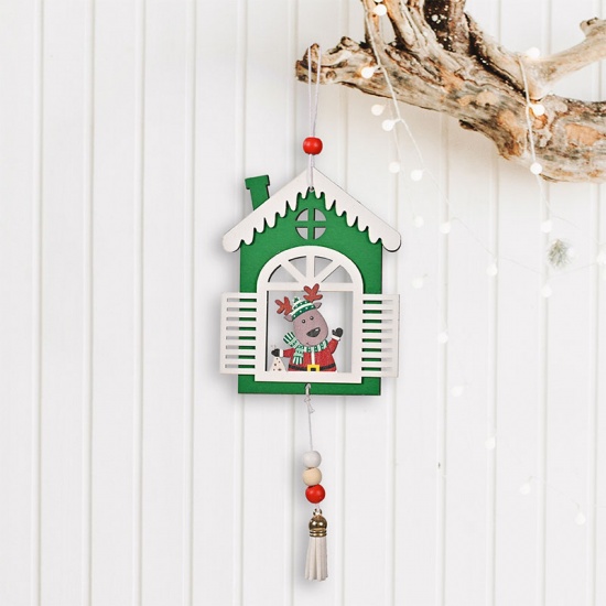 Image de Vert - 3 # Décoration d'ornement à suspendre en bois de gland Maison de renne de Noël 12x10cm, 1 pièce
