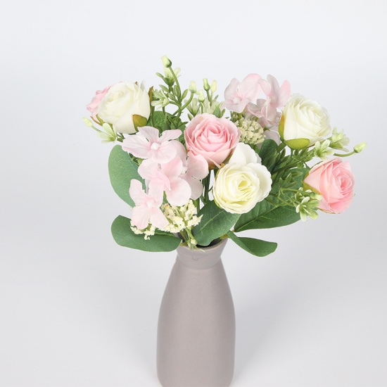 Picture of Pink & White - Faux Silk Artificial Rose Flower Bouquet Home Decoration 27cm long, 1 Bunch
