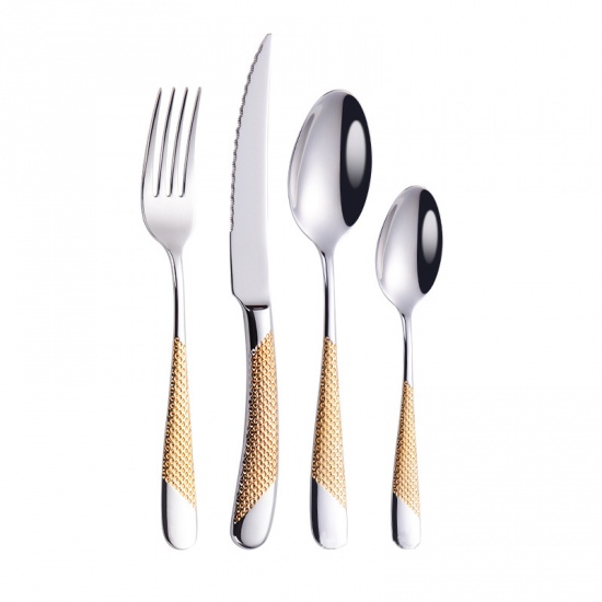 Immagine di Golden - 304 Stainless Steel 4PCs/Set Knife Fork Spoon Tea Spoon Flatware Cutlery Tableware 14.7cm - 23cm long, 1 Set
