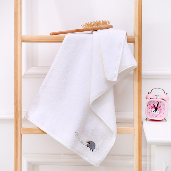 Picture of White - Embroidery Cotton Soft Plush Towel Solid Color Highly Absorbent 34x74cm, 1 Piece