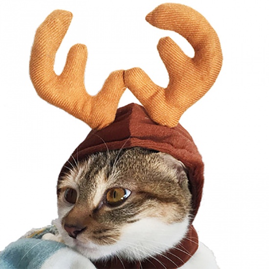 Picture of Brown - Christmas Antlers Hat Pet Cat Dog Clothes New Year Dress Up Cosplay Costume, 1 Piece