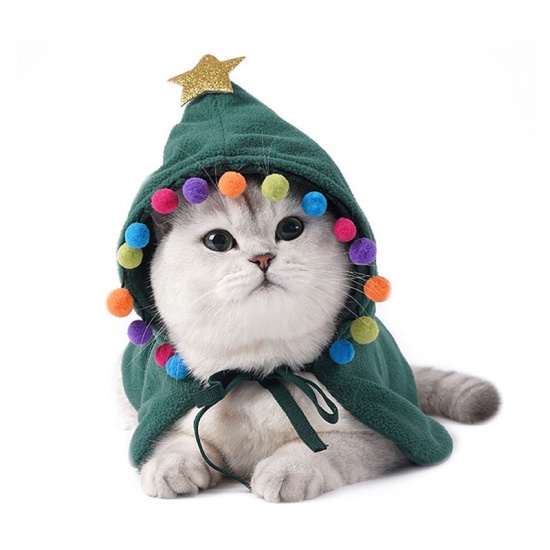 Picture of Green - S Christmas Cloak Pom Pom Ball Star Hat Pet Cat Dog Clothes New Year Dress Up Cosplay Costume, 1 Piece