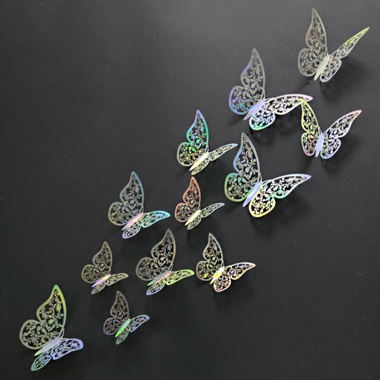 Picture of Multicolor - 3# Rainbow AB Color Hollow Filigree Paper Butterfly Wall Stickers Art Home Decoration 8cm 10cm 12cm, 1 Set
