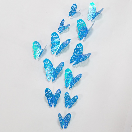 Picture of Blue - 7# Rainbow AB Color Hollow Filigree Paper Butterfly Wall Stickers Art Home Decoration 8cm 10cm 12cm, 1 Set