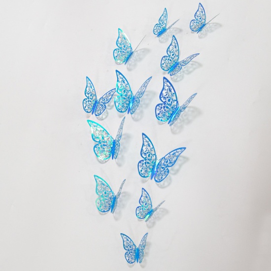 Picture of Blue - 9# Rainbow AB Color Hollow Filigree Paper Butterfly Wall Stickers Art Home Decoration 8cm 10cm 12cm, 1 Set