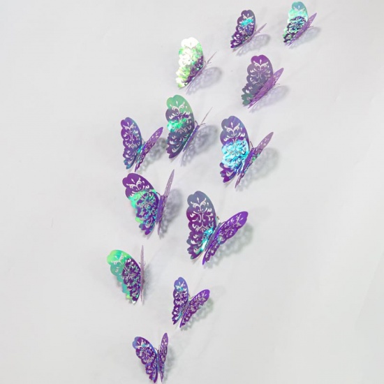 Picture of Purple - 10# Rainbow AB Color Hollow Filigree Paper Butterfly Wall Stickers Art Home Decoration 8cm 10cm 12cm, 1 Set