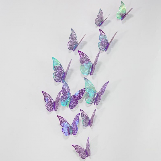 Picture of Purple - 11# Rainbow AB Color Hollow Filigree Paper Butterfly Wall Stickers Art Home Decoration 8cm 10cm 12cm, 1 Set