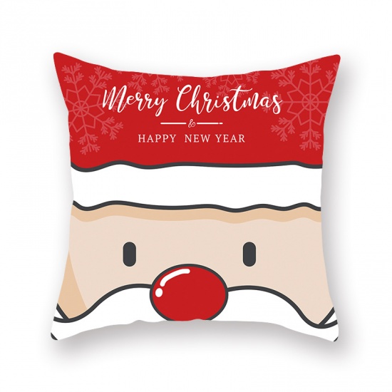 Picture of Red - 7# Christmas Santa Claus & Reindeer Peach Skin Fabric Square Pillowcase Home Textile 45x45cm, 1 Piece