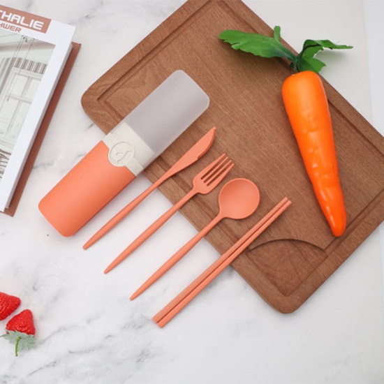 Picture of Orange - PP & Wheat Straw 4Pcs Portable Flatware Knife Fork Spoon Chopsticks Set With Storage Box For Outdoor Travel 21x5.3cm, 1 Set
