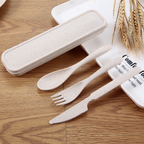 Изображение Beige - Wheat Straw 3Pcs Portable Dinnerware Flatware Knife Fork Spoon Set For Outdoor Travel 21x5.5cm, 1 Set