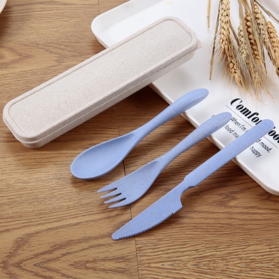 Immagine di Blue - Wheat Straw 3Pcs Portable Dinnerware Flatware Knife Fork Spoon Set For Outdoor Travel 21x5.5cm, 1 Set