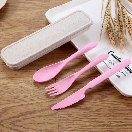 Изображение Pink - Wheat Straw 3Pcs Portable Dinnerware Flatware Knife Fork Spoon Set For Outdoor Travel 21x5.5cm, 1 Set