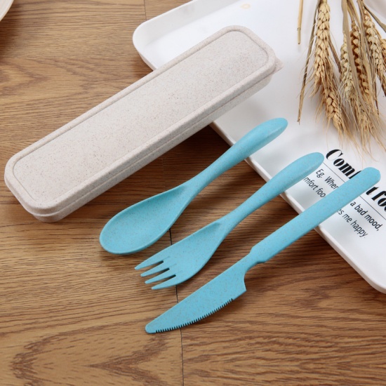 Изображение Green - Wheat Straw 3Pcs Portable Dinnerware Flatware Knife Fork Spoon Set For Outdoor Travel 21x5.5cm, 1 Set