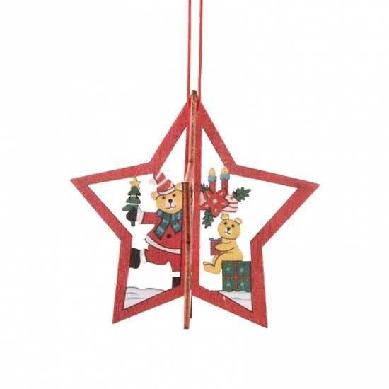 Immagine di Red - Five-Pointed Star Hollow 3D Wood Ornament For Christmas Tree Home Hanging Decorations 10.5x10.5cm, 1 Piece