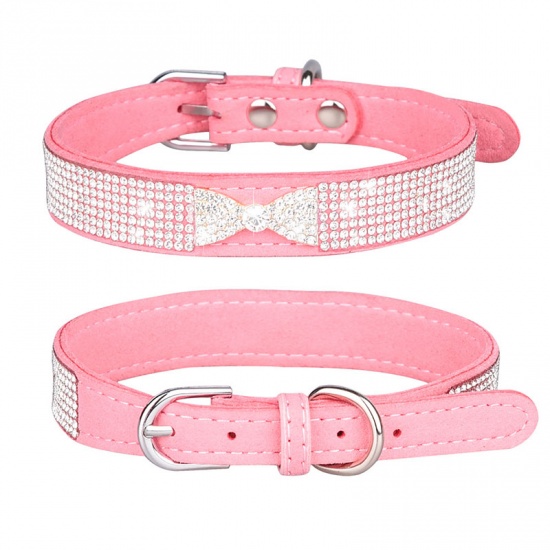 Immagine di Pink - S Bowknot Soft Velvet Adjustable Dog Pet Collar With Hot Fix Rhinestone, 1 Piece
