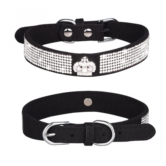 Immagine di Black - S Crown Soft Velvet Adjustable Dog Pet Collar With Hot Fix Rhinestone, 1 Piece