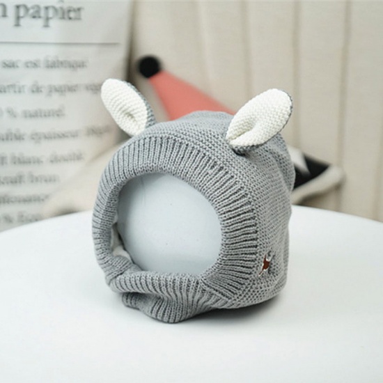 Picture of Gray - Acrylic Wool Knitted Rabbit Ear Warm Cap Cute Cat Dog Pet Accessories 24x19cm, 1 Piece