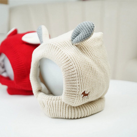 Immagine di Beige - Acrylic Wool Knitted Rabbit Ear Warm Cap Cute Cat Dog Pet Accessories 24x19cm, 1 Piece