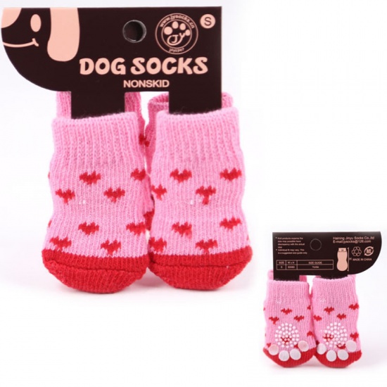 Picture of Pink - M 9# Winter Warm Acrylic Wool Knitted Dog Socks Pet Accessories, 1 Set（4 PCs/Set）