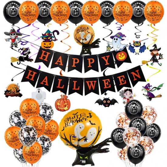 Picture of Orange - 5# Aluminium Foil & Latex Balloon Banner Happy Halloween Party Decorations, 1 Set