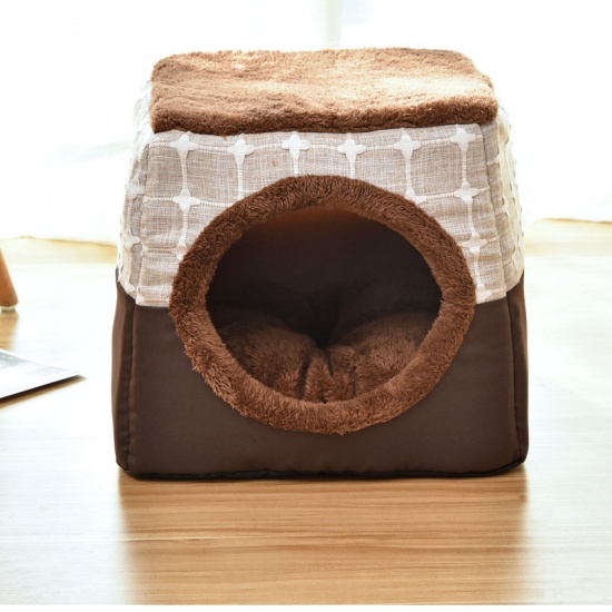 Immagine di Coffee - 38x38x34cm Checkered Winter Fluffy Plush Faux Fur Warm Washable Dog & Cat Bed House Pet Supplies, 1 Piece