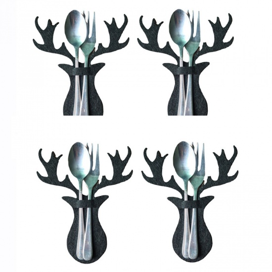 Picture of Dark Green - 7# Christmas Reindeer Nonwoven Knife And Fork Cover Holder Dinner Table Decoration 15x12.5cm, 1 Set
